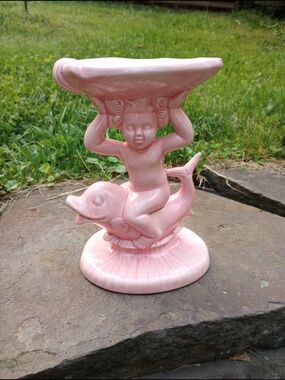 Pink Ceramic Cherub-on-Dolphin Pedestal Bowl